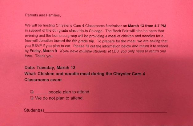 LadogaCanners's tweet photo. Canner Family Fun Night &amp; Chrysler Cars 4 Classrooms is just around the corner! Be sure to turn in your pink dinner form for a FREE meal for the entire family! #LadogaPacificaContest #ChryslerCars4Classrooms #CannerFamilyFunNight https://t.co/3qWHuUVVRk