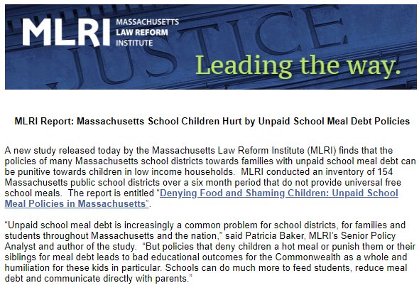 MassLawReform's tweet photo. Out today: our new report, "Denying Food and Shaming Children: Unpaid School Meal Policies in Massachusetts." Read it here:
https://t.co/VNloh6dNL5
#lunchshaming #schoolmeals https://t.co/1FVaLf2Jzj