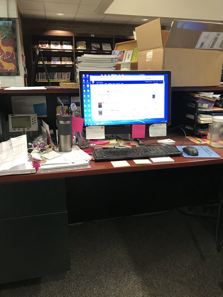 kjanek's tweet image. I mean....where do I even start??? #desktop #deskdisaster #MISchoolLibrary #librarylife #futurereadylibs #schoollibrary #ibschool #IBLibrary