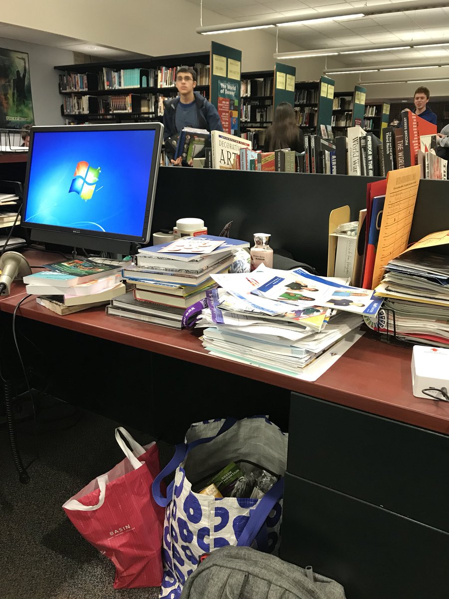 kjanek's tweet image. I mean....where do I even start??? #desktop #deskdisaster #MISchoolLibrary #librarylife #futurereadylibs #schoollibrary #ibschool #IBLibrary