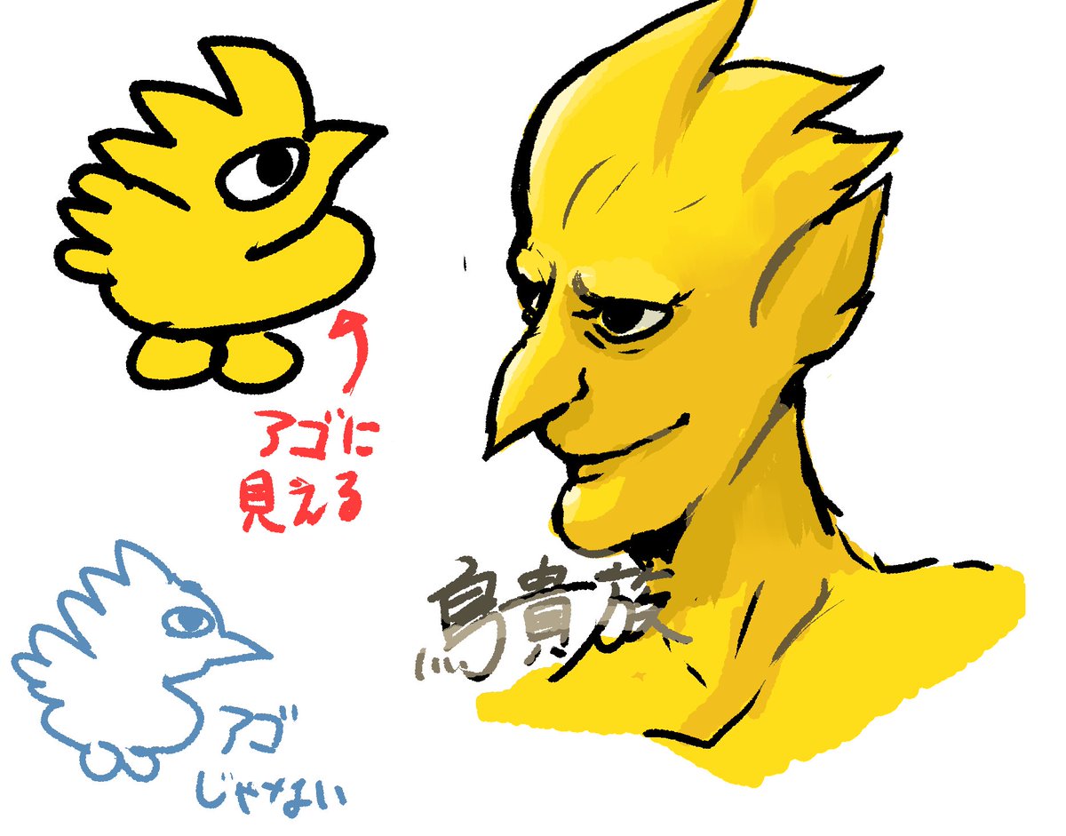 たばね 鳥貴族のキャラクターの胴体部分が一瞬顎に見えて めっちゃホリ深い謎のキャラいる ってなった 普通に鳥だね