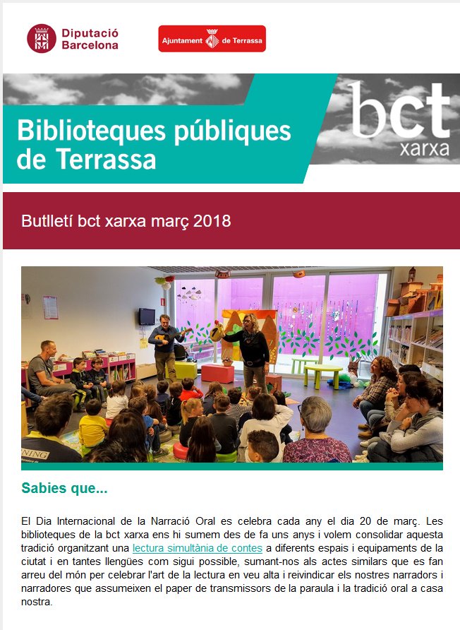 Ja és al carrer el butlletí de març de la #bctxarxa! Aquest mes celebrem una lectura simultània de contes per celebrar el Dia de la Narració Oral amb el grup <a href="/VETAQUIQUE/">VET AQUÍ QUE...</a> i també hi trobareu les nostres recomanacions i les novetats més destacades! 
butlletinsxbm.cat/Butlleti/Butll…
