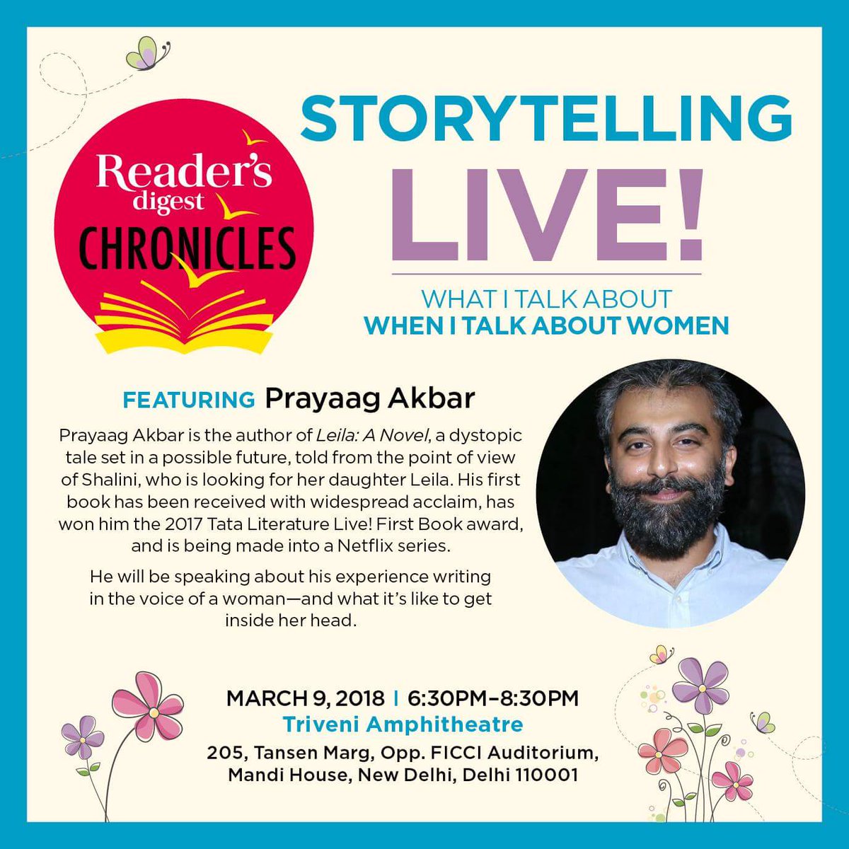 ReadersDigestIN's tweet photo. #RDChronicles the fantastic @unessentialist on writing in the voice of a woman. Come listen to him on #March 9 #Triveni #storyteller #booklovers #bookworms #books #StoryTime #RDIndia #ReadersDigestIndia #delhi #BookClub https://t.co/C6xkE1CAmj