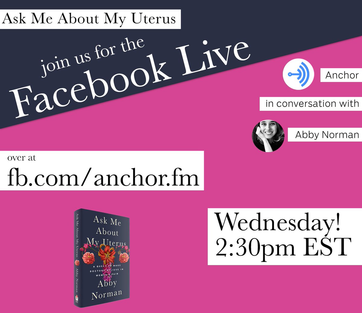 BoldTypeBooks's tweet photo. #MarkYourCalendar. Tomorrow 2:30pm EST @abbymnorman will be in conversation with podcast creation platform @anchor.
You can watch over at https://t.co/8DCtXEC4yZ
#podcast #podcasts #endometriosis #LetMeGoogleThat #LMGT #AskMeAboutMyUterus #books #nonfiction https://t.co/qRPZ6HQ98X