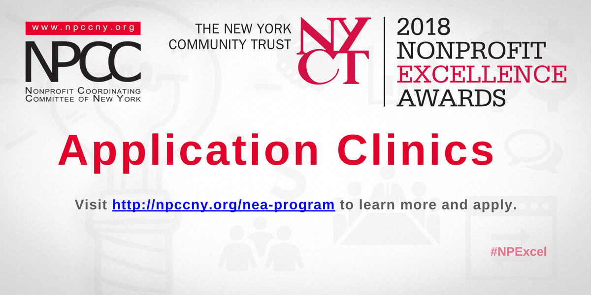 NonprofitNY's tweet photo. Register for one of our upcoming Application Clinics to learn more about the 2018 #NPExcel Awards process and the expanded opportunities for learning, feedback, and recognition! https://t.co/xQFZiZYUfK https://t.co/N4podtYj1Z