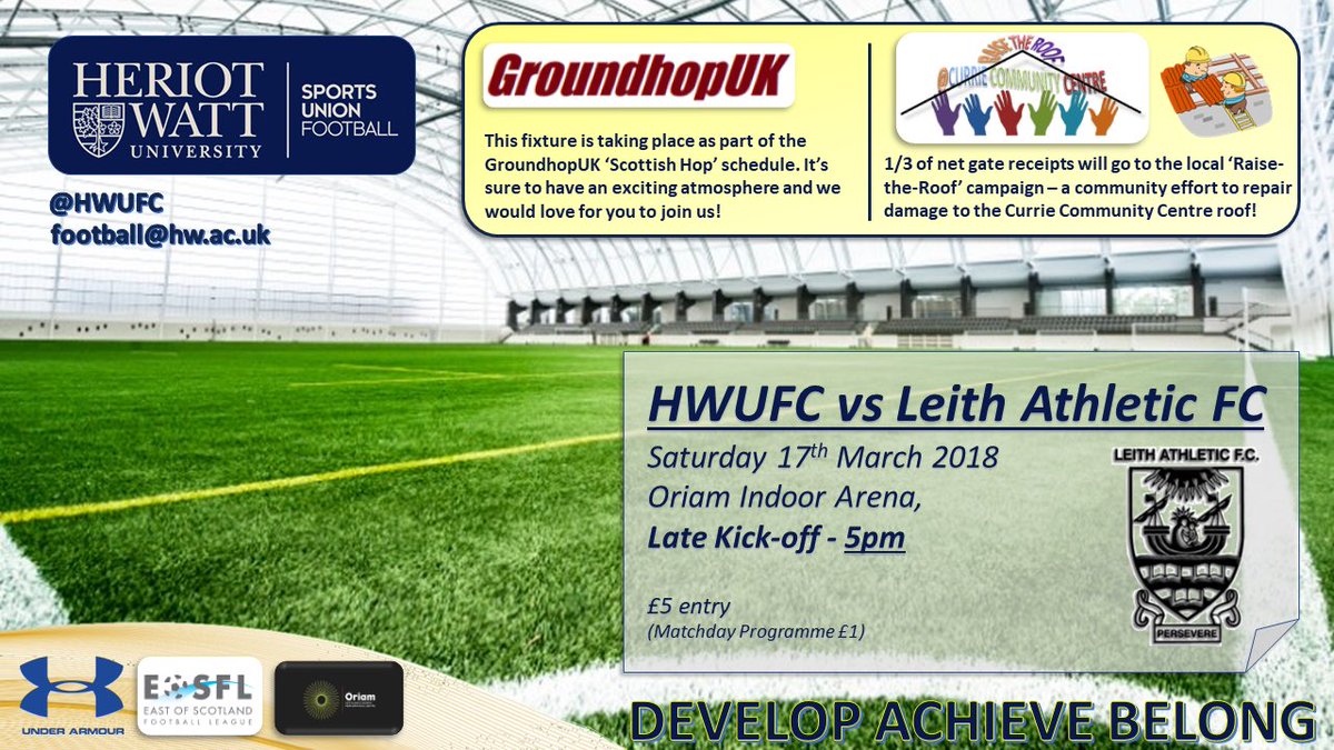 hwufc's tweet photo. SAVE THE DATE💛💙

HWUFC VS @LeithAthleticFC 

🗓 Sat 17th March
📍 Oriam INDOOR
🕰 5pm (LATE KO)
🏆 EOS League

Support the Watt &amp; help fundraise for the Currie Community Centre’s ‘Raise-the-Roof’ campaign.

Also welcoming our pals at @GroundhopUK for the fixture! 🏟

#YouWatt https://t.co/X8ViGsQVrS