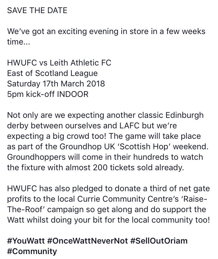 SAVE THE DATE💛💙

HWUFC VS <a href="/LeithAthleticFC/">Leith Athletic FC</a> 

🗓 Sat 17th March
📍 Oriam INDOOR
🕰 5pm (LATE KO)
🏆 EOS League

Support the Watt &amp; help fundraise for the Currie Community Centre’s ‘Raise-the-Roof’ campaign.

Also welcoming our pals at <a href="/GroundhopUK/">Chris Berezai</a> for the fixture! 🏟

#YouWatt