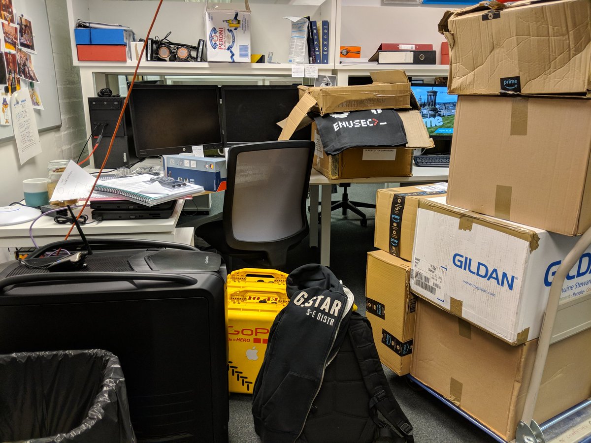 aabywan's tweet photo. What does it take to run #LTDH18 ? All of this plus a ton of help from @hela_luc @RyanGForbes @SCOTTLB @1OC_Mata @CuPcakeN1njA @LloydLabs  and all the @_enusec_ volunteers. Excited for the weekend 🤓 ps. Sorry @CraigJThomson69 @mckeowns87 etc for the mess in our office 😂 https://t.co/DN3abqVNlF