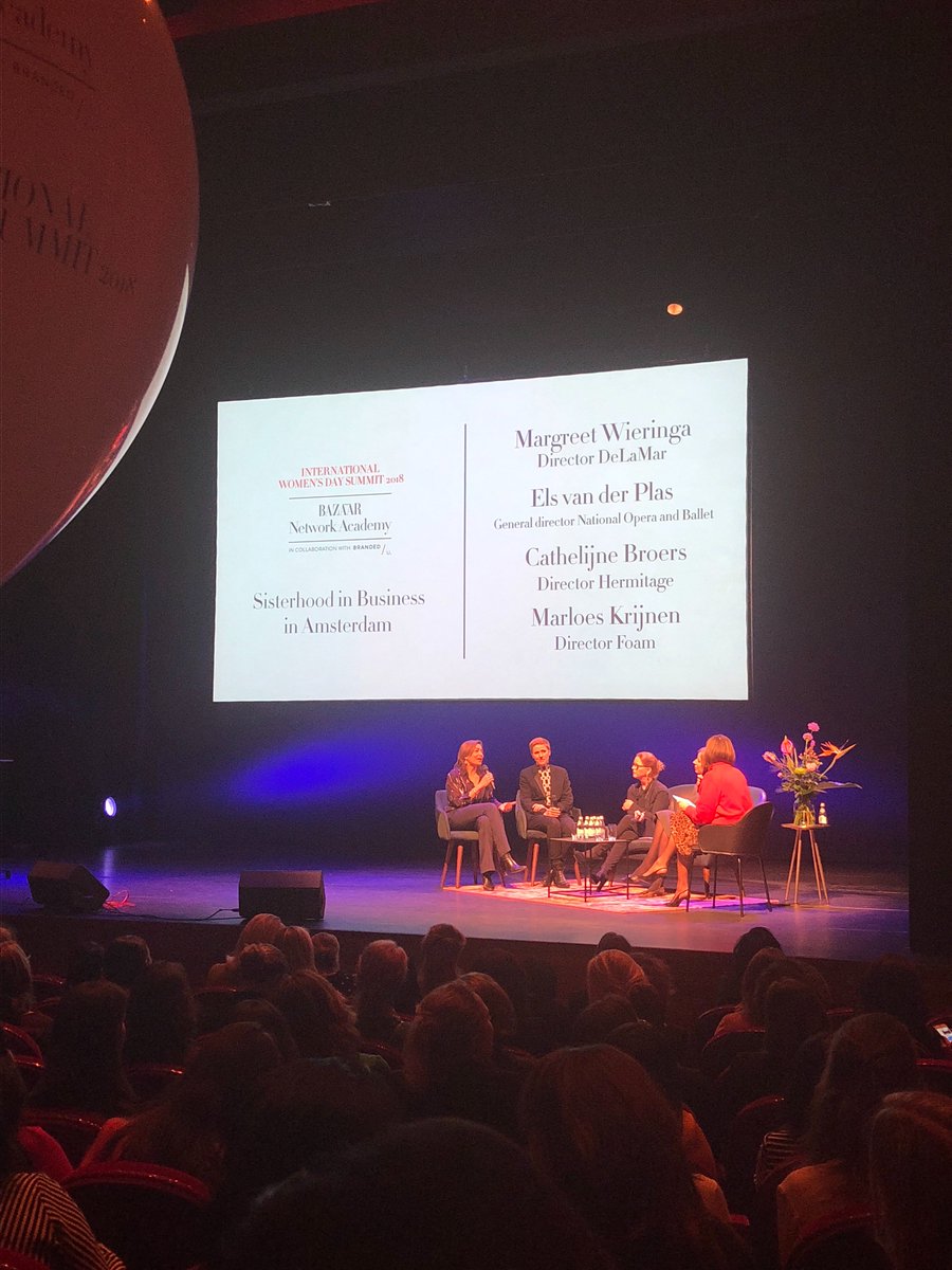 Final panel discussion of the day: Margreet Wieringa (Director Delamar theatre), Els van der Plas (Director National Opera and Ballet), Cathelijne Broers (Director Hermitage) &amp; Marloes Krijnen (Director FOAM) about sisterhood in business in Amsterdam. #IWDS2018 #NetworkAcademy