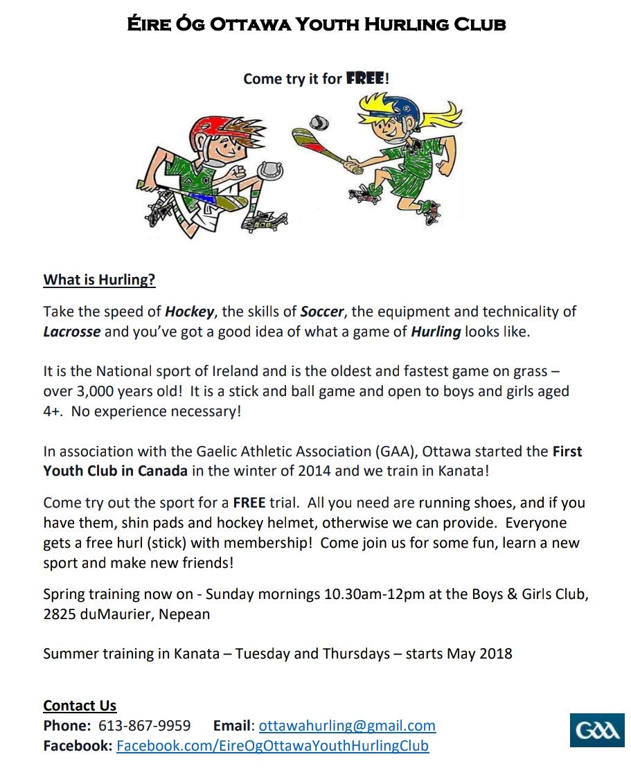 OttawaHurling's tweet photo. Got a kid age 4 and up who would like to be active and have fun while doing so? Then Hurling might be the sport for you!
Try outs are free! Come join us for a free trial any Sunday morning 10:30am in the Boys and Girls club #Ottawa
#GAA #Hurling #TeamCanada #fastestgameongrass https://t.co/z4f8CmQ9s7