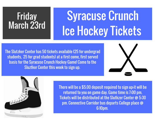 We were able to reschedule our trip to the Syracuse Crunch Hockey Game and we still have some tickets available! Come by the office to get yours before it’s too late!