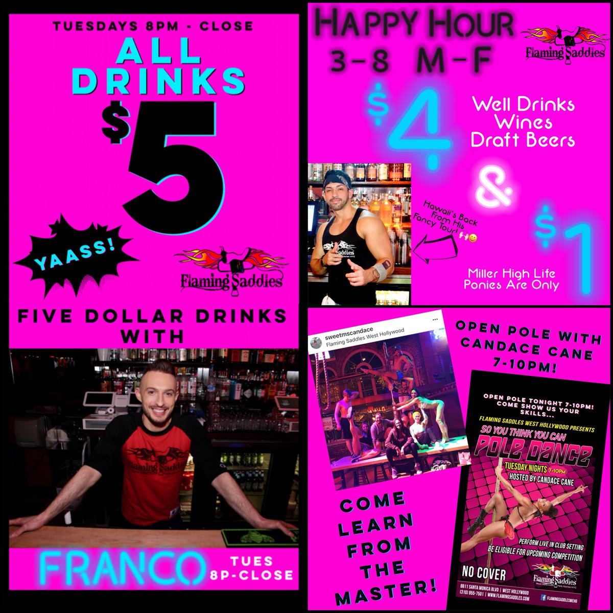 FlamingSaddlesW's tweet photo. Come visit @chrisdiprete for happy hour 3-8. Open Pole with @Sweetmscandace 7-10, plus $5 drinks with @djfxla from 8pm til close! 🔥💪🏼💃🏽🥃🍸🍺🏳️🌈 @GayWeHo #flamingsaddles #sytycpd #5dollardrinks https://t.co/O6sieACsb0