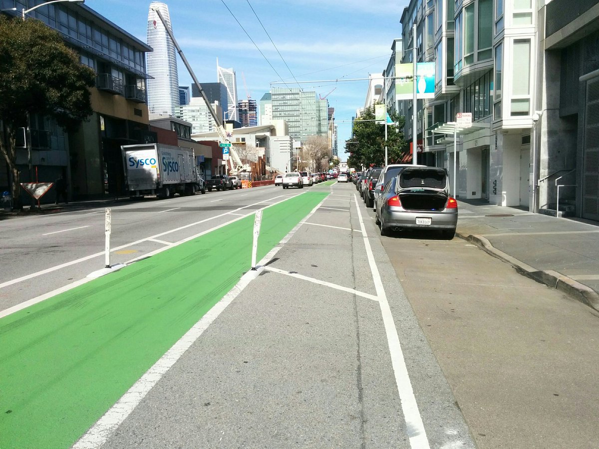 My favorite, Folsom NE between 5th and 4th. When Folsom gets backed up there's a steady stream of drivers in the bike lane. Some go around on the right, through the 13'8" gap (six while I composed this tweet). Others just zoom straight through the gate, which is only 7' wide!