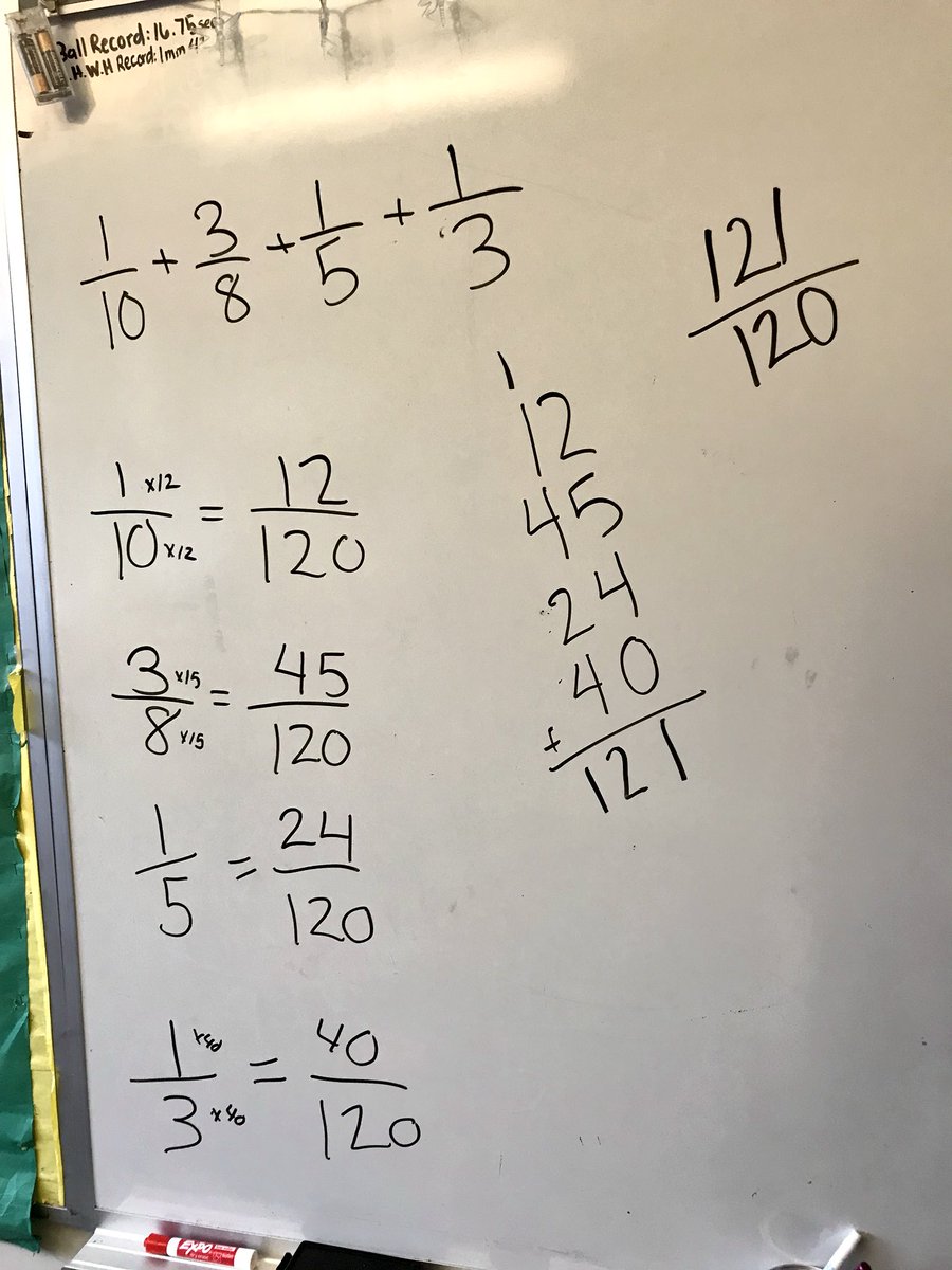 Miss_Keougah's tweet photo. Ss built equivalent fractions today β we had an inkling that the second row wasnβt exactly equivalent to 1 whole, but of course we had to prove it! Turns out it equals 121/120. That sliver that it goes over by is 1/120 of the whole. Cool! #MathDiscovery #HandsOn https://t.co/Z0FNvvGa7l