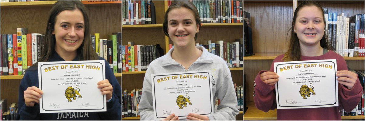 Congratulations go out to Emma Keen, Maddie Mrazik, &amp; Kaitlyn Stevens on being selected as the FZE Students of the Weeks for March 5.  GREAT JOB! #theLIONway