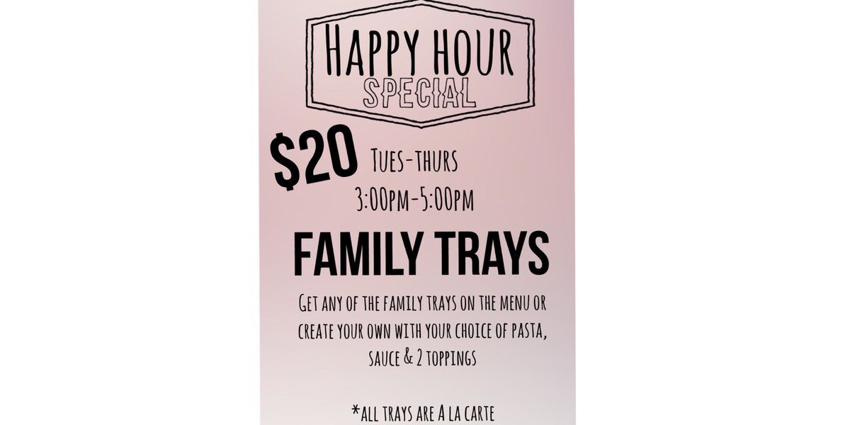 Pastabilitys_'s tweet photo. $20 family trays during Happy Hour!
#PastaMakesMeHappy https://t.co/5pcO9rQXbi