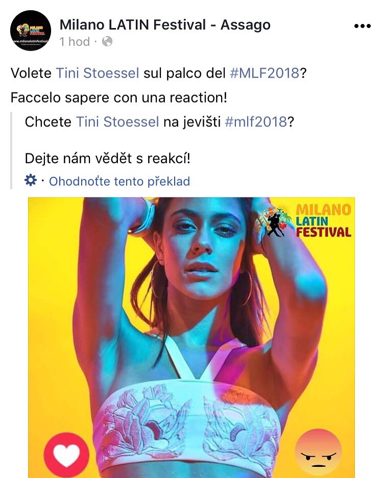 Běžte hlasovat pro @TiniStoessel !!! Komentujte, že chcete, aby vystupovala na #MLF2018 (Milano Latin Festival) festival v Miláně, aby byla zvýšena šance, že bude pozvána, jděte komentovat “YES” a lajknout tento příspěvek na tento odkaz ➡️ m.facebook.com/milanolatinfes…