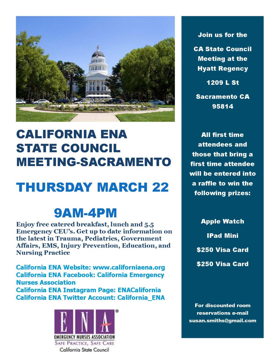 California_ENA's tweet photo. Hey #CAnurses,
Don't miss out on the next State Council Meeting! All first-time attendees and those bringing a first-time attendee will be entered into a raffle for a chance to win prizes: Apple watch, iPad mini, $250 Visa card, & another $250 Visa card.
See you soon! #nurses https://t.co/N1yXcYqMnf