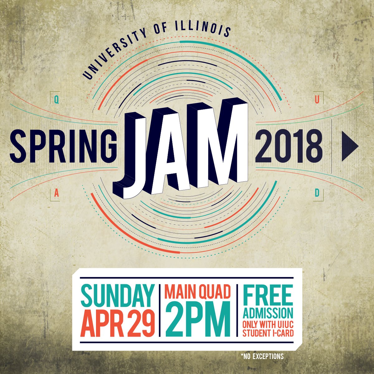 ILStudentLife's tweet photo. #SpringJam2018 will be April 29! This is the biggest single spring event on campus, and it's FREE to @Illinois_Alma students with i-cards. Stay tuned for the artist reveal on March 26. It will be worth the wait. @Illini_Union @StateFarmCenter @IUB_Presents @StarCourseUIUC https://t.co/GNvU14gH1U