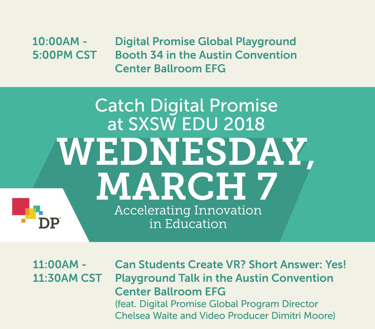 DigitalPromise's tweet photo. Attending @SXSWEDU? Stop by our Playground session “Can Students Create VR? Short Answer: Yes!” feat. @Global_DP Program Director @chelseawaite and Video Producer @DWMProducing tomorrow at 11 a.m. CT. Click the image below for details. #SXSWEDU #DigitalPromiseSXSW https://t.co/cDLRog7sgl