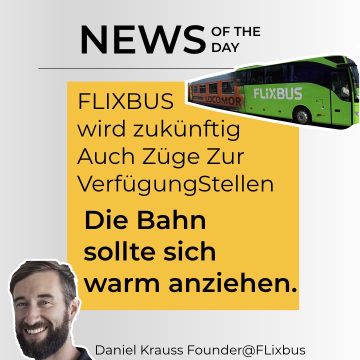 finkyouridea's tweet photo. Flixbus konkurriert jetzt auch mit Zügen. Finden wir super!
Aus einem Startup wurde ein Konkurrent der Deutschen Bahn. ZURECHT!
Danke an Daniel Krauss und co. 
#db #flixbus #flixtrain #startup #startupnews https://t.co/MwgDOFtgIz