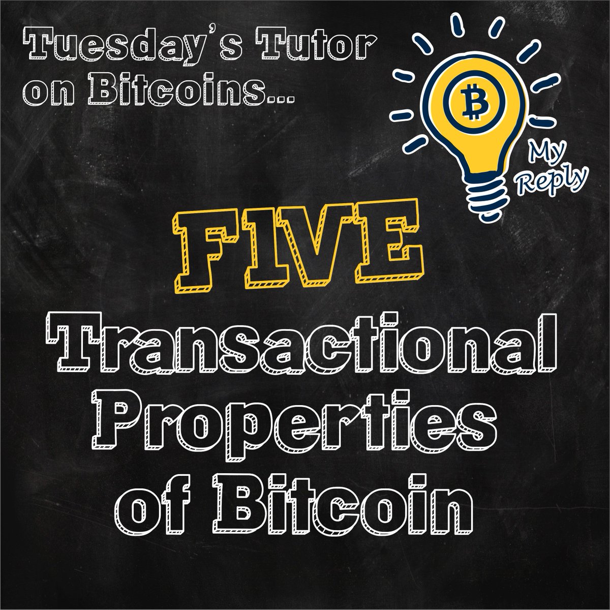 MyReplySA's tweet photo. #TuesdayTutor on #Bitcoin
Bitcoin Transactional properties:
1.) Irreversible
2.) Pseudonymous
3.) Fast and global
4.) Secure
5.) Permissionless
To find out more on Bitcoin and other cryptocurrencies why not visit our Monday Night Info Session (Book your seat coin@myreply.co.za) https://t.co/q2R3eGcFNN