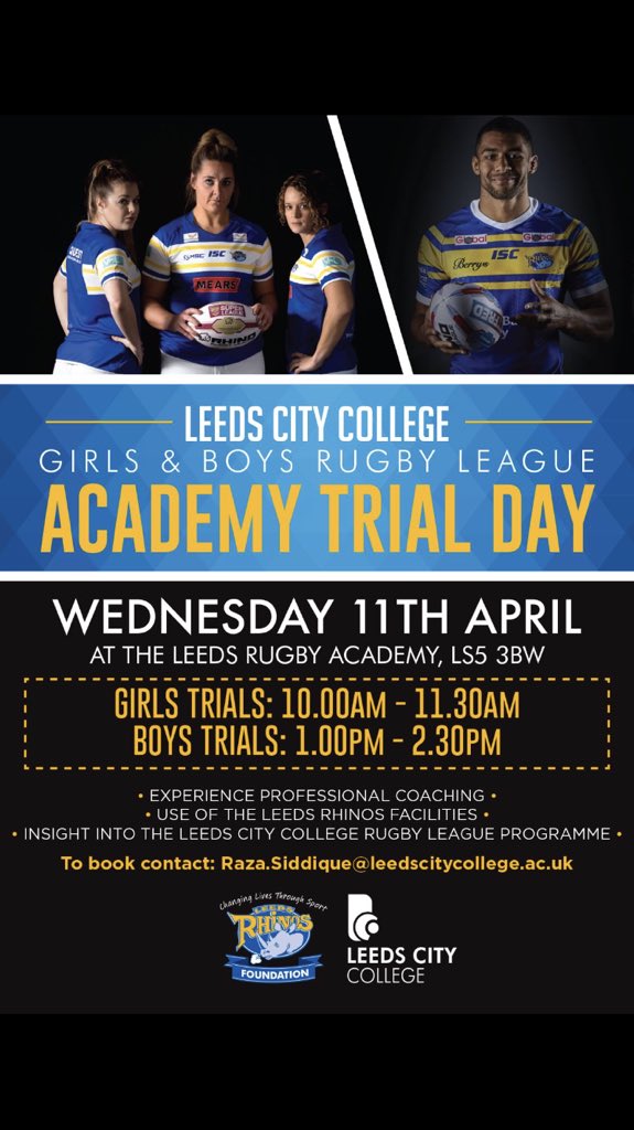 Really exciting times <a href="/leedscitycoll/">Leeds City College</a> where we will be running both a male and female rugby league academy. Trial day Wednesday 11th April 2018. Book your place by emailing raza.siddique@leedscitycollege.ac.uk 🏉 🏉 <a href="/LCCSport/">LCC Sport</a> <a href="/ant_gallagher/">Anthony Gallagher</a> <a href="/RugbyLeeds/">Leeds Rhinos Foundation</a> <a href="/CallumTolson/">Cal Tolson</a> <a href="/LoisForsell/">Lois Forsell</a>