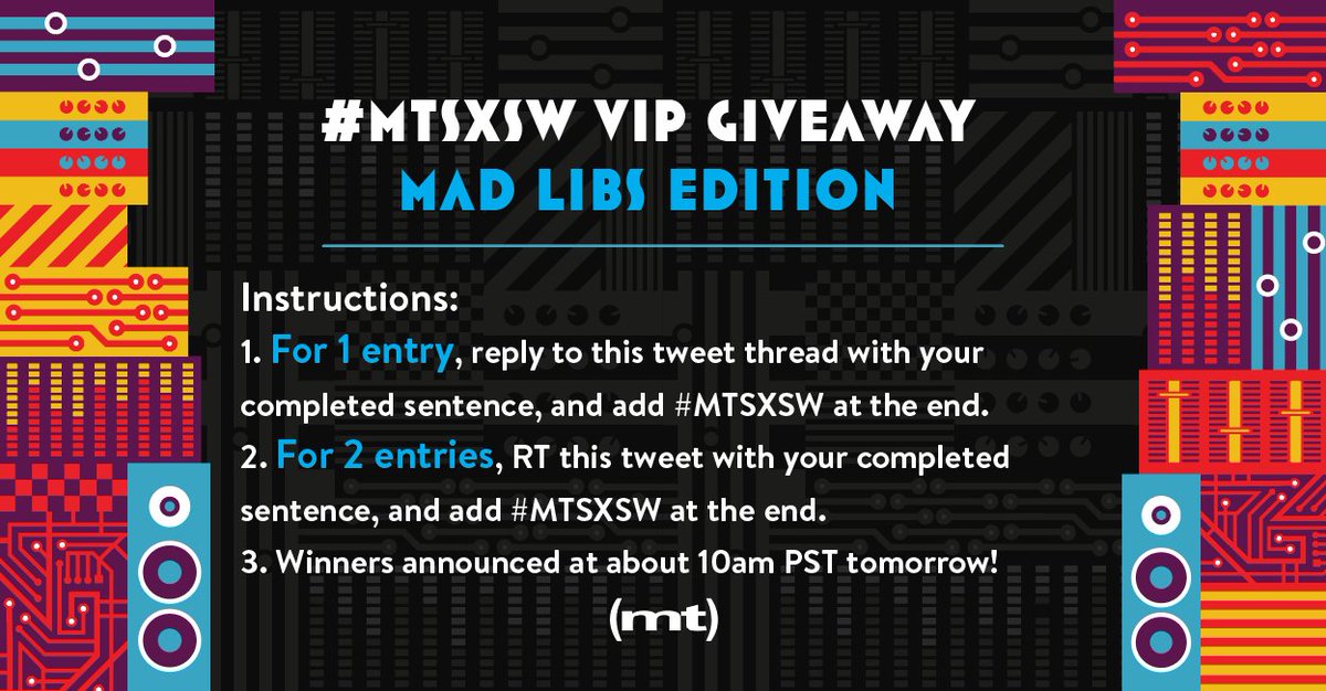 mediatemple's tweet photo. 🔊 #MTSXSW VIP Pass Giveaway! 🔊

Fill in the [-----], follow the instructions below, and be on your way to VIP!

Suddenly, @steveaoki appears and I scream like a [-NOUN-].  I gulp my [-DRINK-], grab [-FRIEND'S @ HANDLE] &amp; party like a [-NOUN-]! https://t.co/XsprX1FUKI