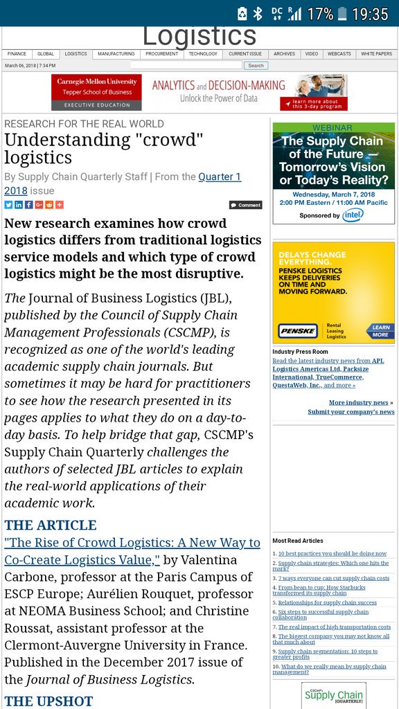 carboneval's tweet image. Research for the real world ? Ours ! I am proud to be in the most read professional newsletter on #Supplychain shared by the @cscmp with @AurelienRouquet &amp;amp;Christine roussat about #crowdlogistics