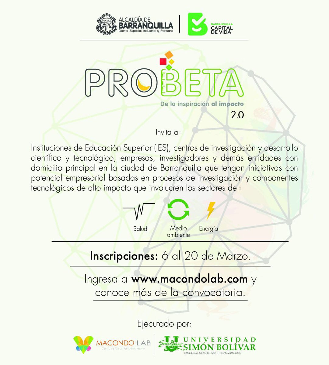 CienTech_org's tweet photo. No te quedes sin participar. Conoce más de la convocatoria:  https://t.co/xg7UXTMNwL @MacondoLab  @DesEconomicoBAQ https://t.co/hXLC20MVR3