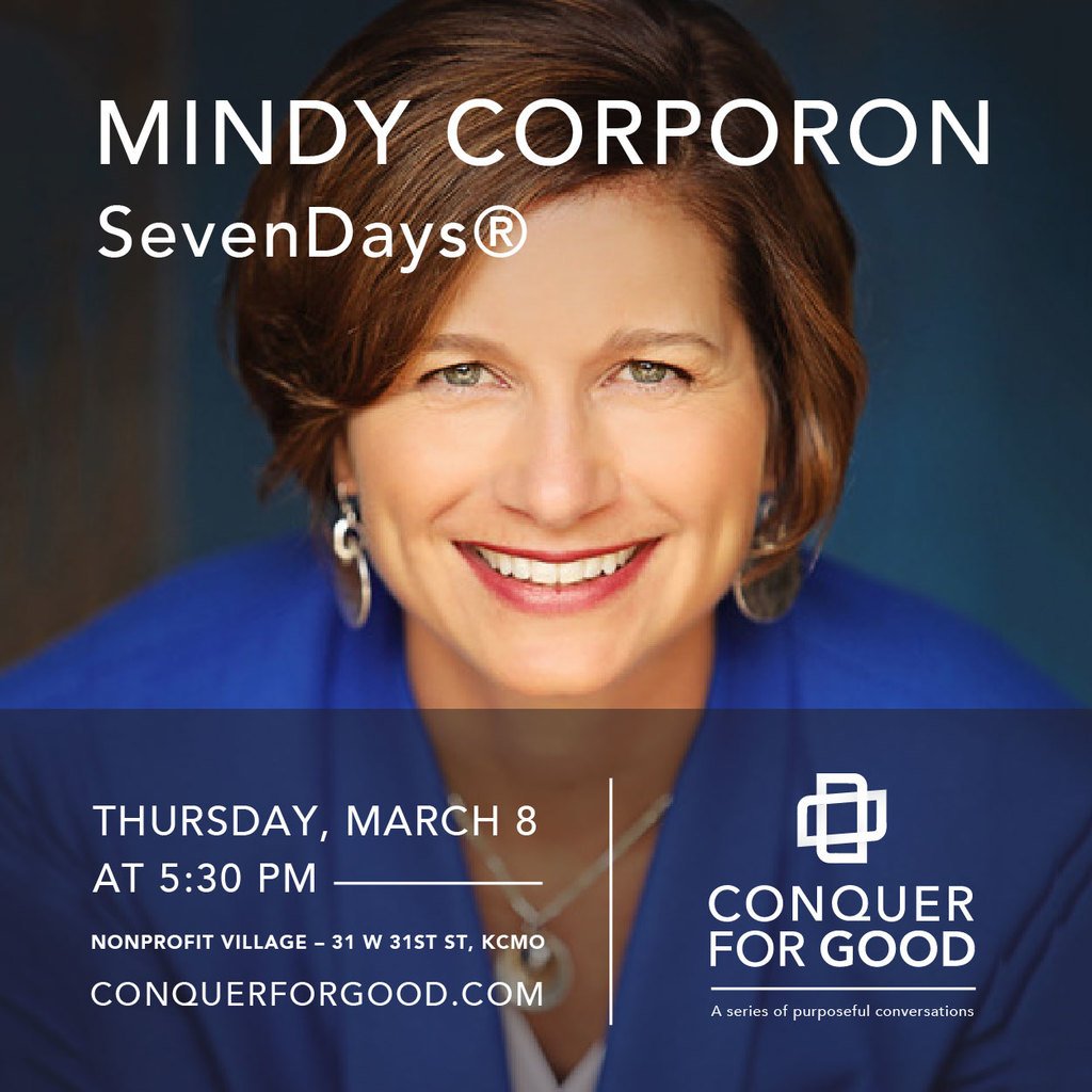 ConquerForGood's tweet photo. Grab your tickets to hear Mindy Corporon of @GiveSevenDays this Thursday at Conquer for Good: Connect. All tickets from the rescheduled event are still valid.

Grab your spot --> https://t.co/z8PusoccXW https://t.co/IIZFWgCt4g
