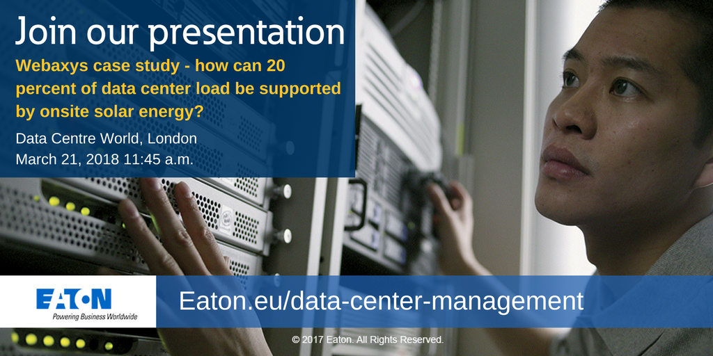 DataCentreWorld's tweet photo. Join @ETN_EMEA in the Data Centre Design and Build &amp; Physical Security Theatre at #DCW18 to find out how they worked with @webaxys to build an eco-designed #datacentre with a complete #energystorage management system. Register to attend the event: https://t.co/tL5twB6DDc https://t.co/ZGkMK7wlr7