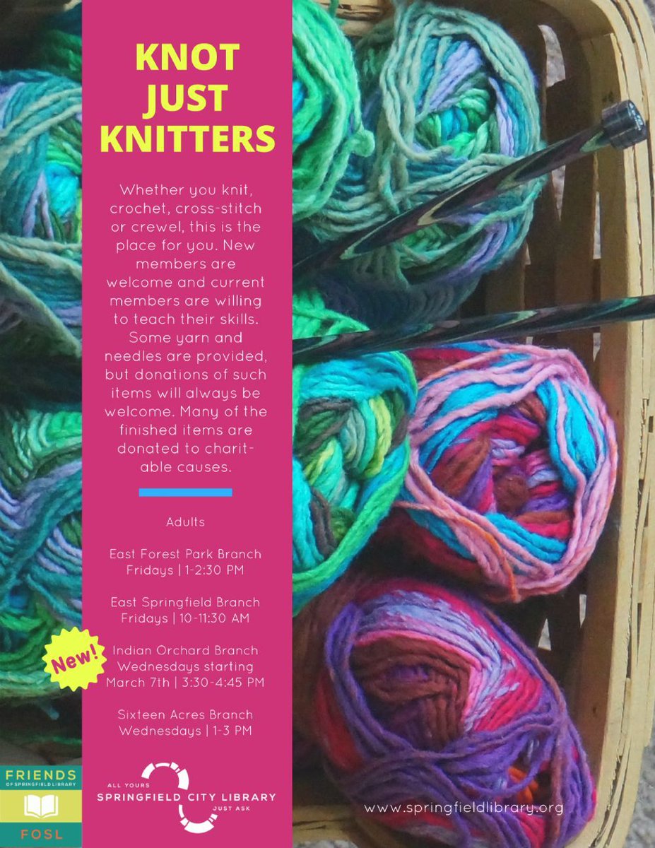 SpfldMassLib's tweet photo. KNOT JUST KNITTERS - Do you #knit, #crochet, cross-stitch or crewel? Join a group in #eastforestpark #eastspringfield #indianorchard or #sixteenacres learn something new |share your skills DONATIONS of materials always welcome #SpringfieldMA Info - https://t.co/BXjylxYPHl https://t.co/OvvayG98m6