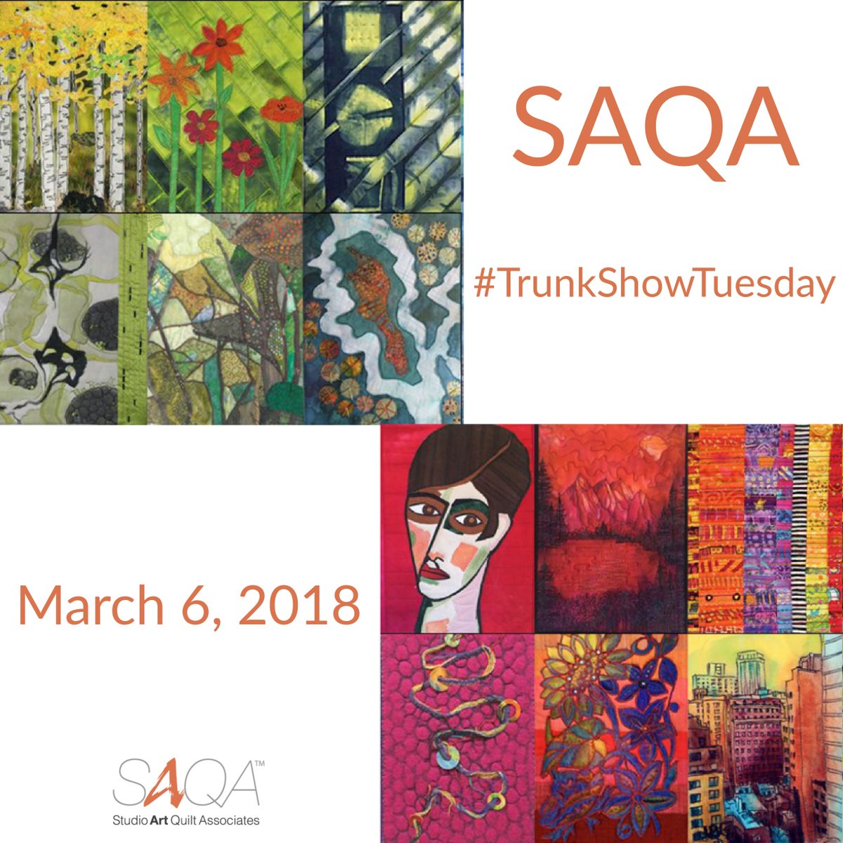 SAQAart's tweet photo. Welcome to #TrunkShowTuesday for March 6, 2018. View great artwork now! https://t.co/f2VHdS5ZK2 #artquilts #slideshow #trunkshow #saqamembers https://t.co/rE16NdcJle