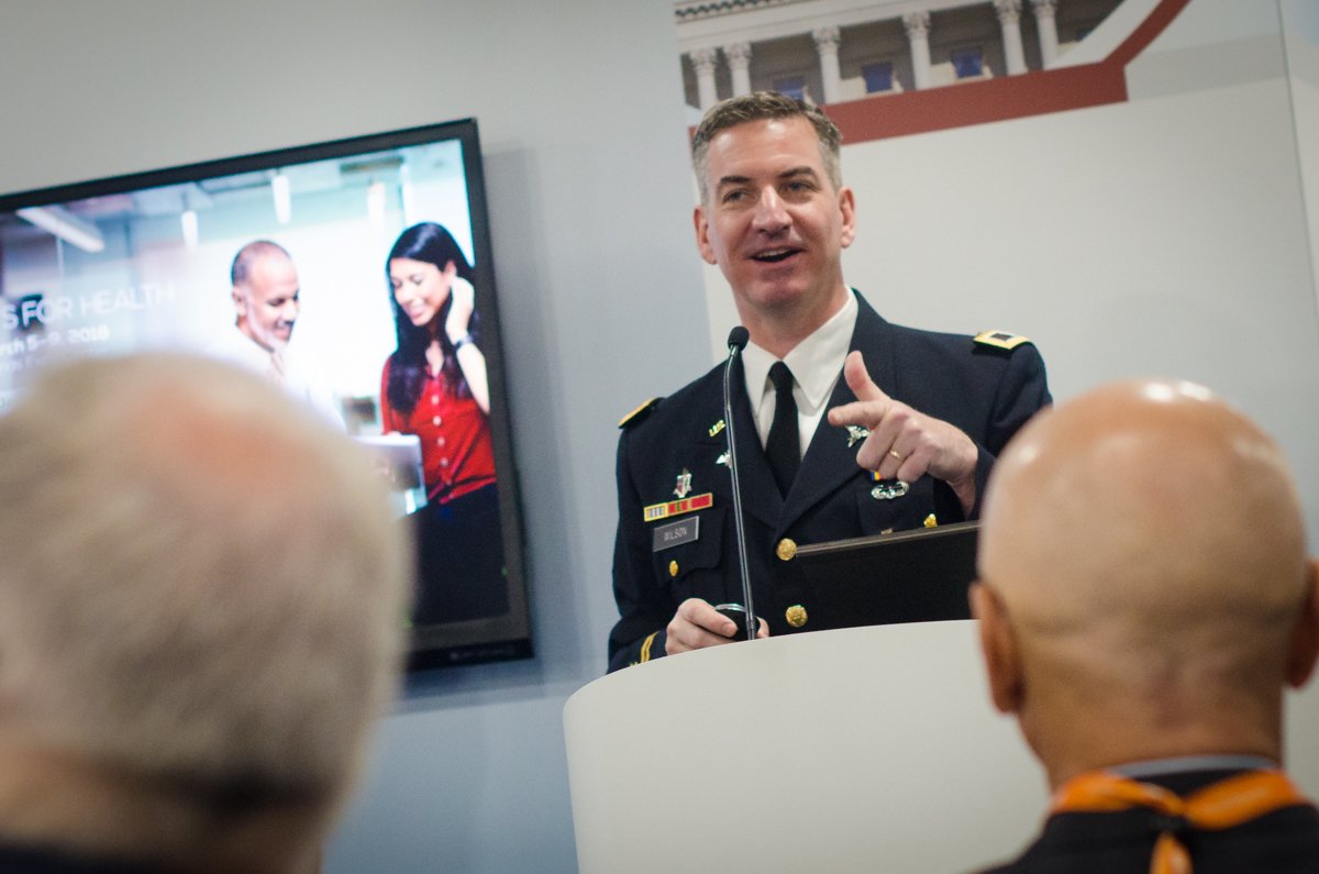 MilitaryHealth's tweet photo. COL Wilson's talk highlighted interagency technology projects that support the transition of patient care. #HIMSS18 https://t.co/JIeU8r4bPR
