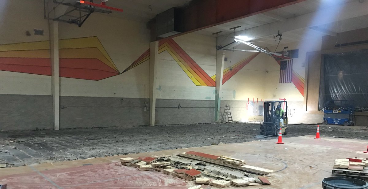 HUHS_Athletics's tweet photo. Small gym update. Divider and bleachers have been removed. In the process of removing the floor. https://t.co/FdU9kRy8Uw