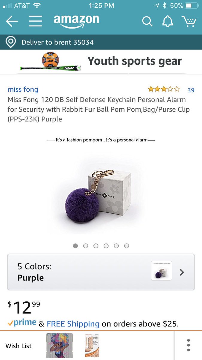 Love those fur pom pom keychains and purse clips? Boom. Personal self defense alarm, $12.99 and in 5 colors.