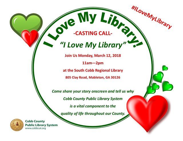 cobblibrary's tweet photo. Come share your story at #SouthCobbLibrary Monday, March 12, 2018 , and tell us why you love Cobb County Public Library System! There's a chance you'll be featured in our newest video segment I Love My Library!
...
#ILoveMyLibrary #castingcall #cobbcount… https://t.co/8VjANiRyCS https://t.co/wEQlsrqOxz