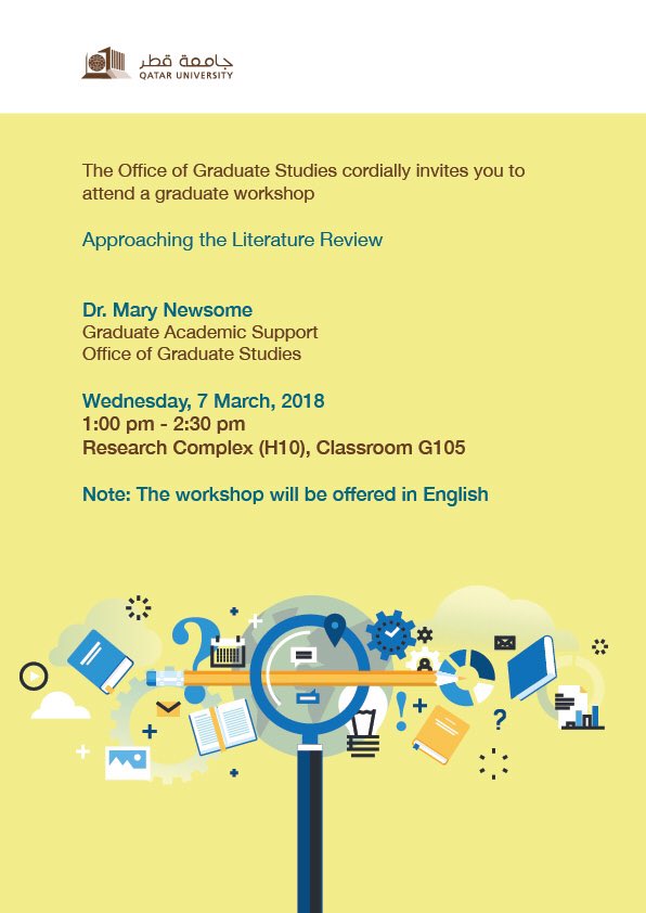 gasuqu's tweet photo. Join Dr Mary Newsome tomorrow from the 1:00pm - 2:30pm to learn about approaching a Literature Review. #QatarUniversity #GASU #GradTalk #Thesis #gradresearch https://t.co/skfrGodl3S