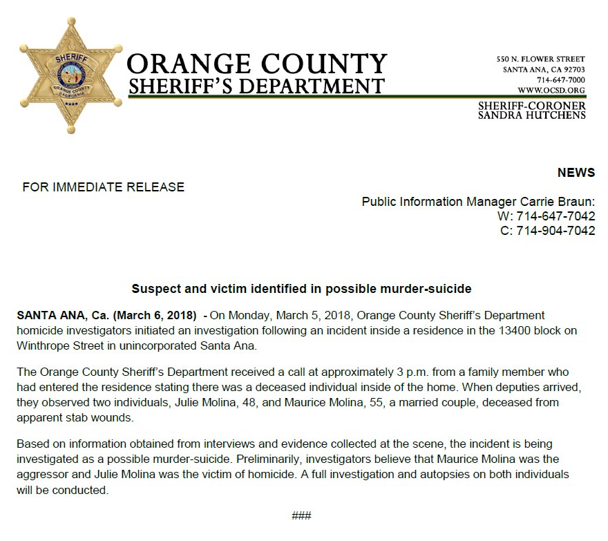OCSheriff's tweet photo. #OCSDPIO Press release and update on yesterday's death investigation in unincorporated Santa Ana. Decedents identified as Julie Molina, 48, and Maurice Molina, 55. Based on information obtained and evidence collected, incident is being investigated as a possible murder-suicide. https://t.co/SnO0EwNbpv
