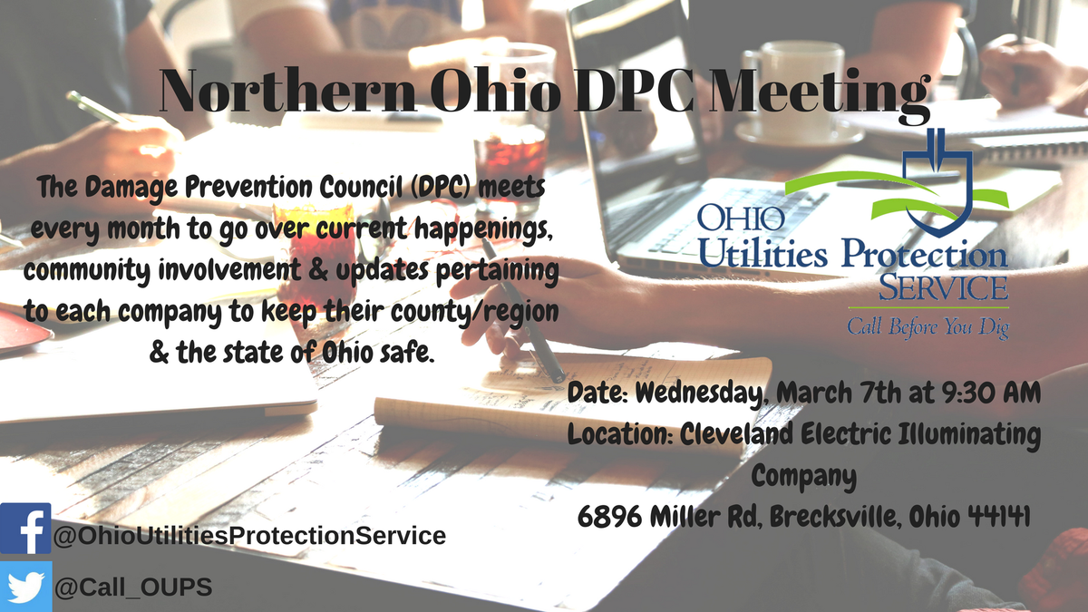 OHIO811's tweet photo. Please join us at tomorrow’s Northern Ohio DPC Meeting @ 9:30 a.m.! 
#Call811 #OUPS #damageprevention https://t.co/dI5YWcnBOQ