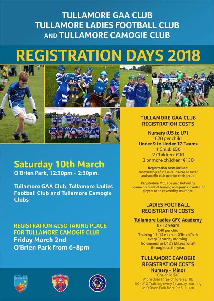 tullamoregaa's tweet photo. The three GAA Clubs in town are having their Registration Day on Saturday 10th March from 12:30 to 2:30. Tullamore GAA, Tullamore Camogie and Ladies Football all underage children are welcome up.@TullamoreTrib @MidlandsSport @TullamoreRadio https://t.co/Tg9VE9C69Y