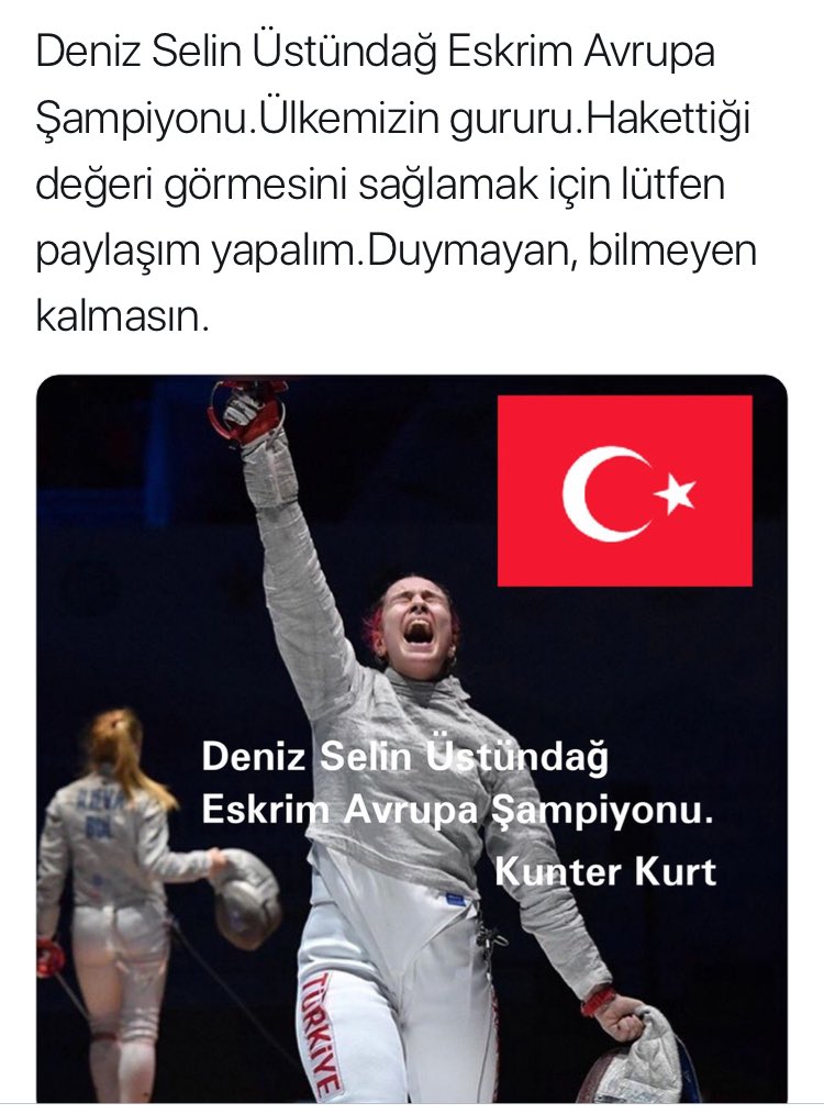 ceyhunyilmaz's tweet photo. Helal olsun canım kardeşim.
#DenizSelinÜstündağ 
Eskrim Avrupa Şampiyonu.
Gurur duyabilirsiniz
🇹🇷 https://t.co/pVlhsfjnrE