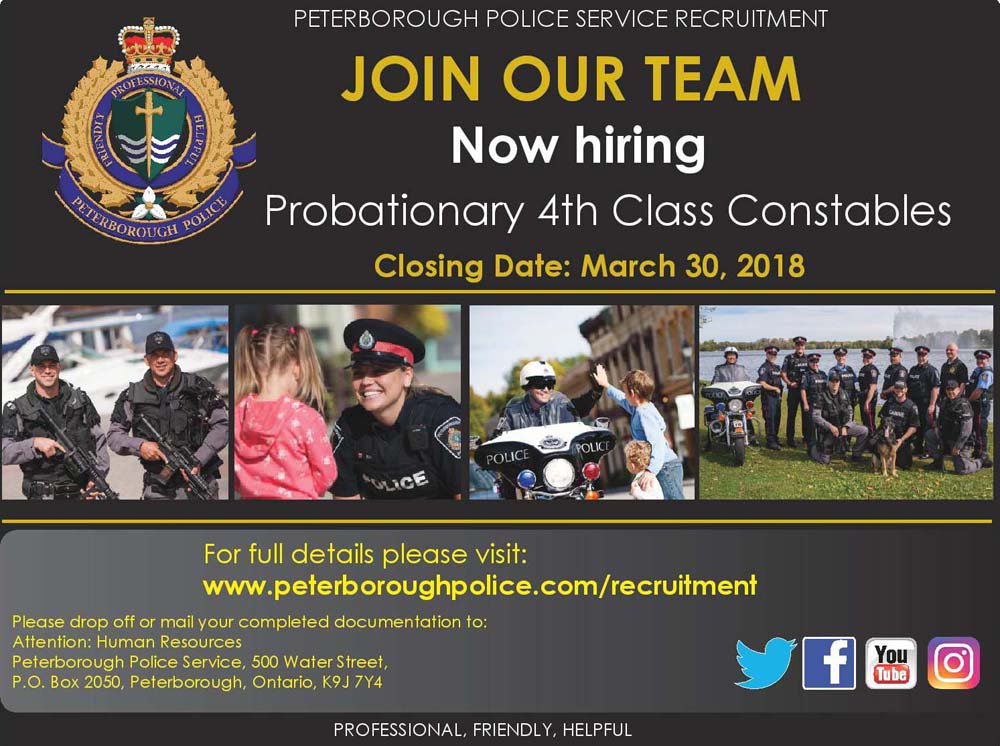 Do you want to make a difference in your community? We are currently hiring Probationary 4th Class Constables. Closing Date March 30, 2018. Join our team and start your career in #CommunityPolicing #Ptbo #Lakefield #CavanMonaghan peterboroughpolice.com//wp-content/up… -LG