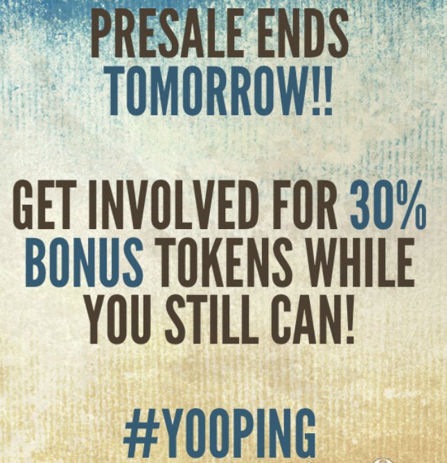 yoo_ping's tweet photo. Presale ends tomorrow! Don’t miss out on the 30% bonus! #stopSpam #bounty #bounties #cryptocurrency #ico #presale #yooping  #smartcontracts #blockchain #crypto #cryptoenthusiast #getinvolved #eth #btc #tech #bitcoin #ethereum https://t.co/J44hKch9dJ