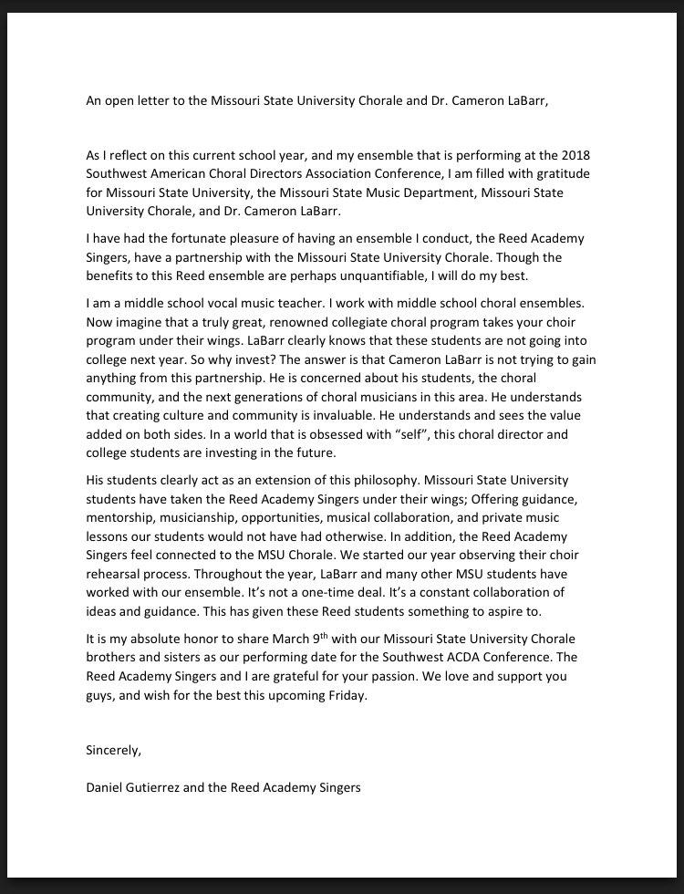 mrdannygut's tweet photo. An open letter to the @MSU_Choirs and @Cameron_LaBarr I am so grateful for the partnership between the choral and the @ReedChoir Singers! Thank you for your investment in these MS’ers lives! @MissouriState https://t.co/8YBPEHZcxJ
