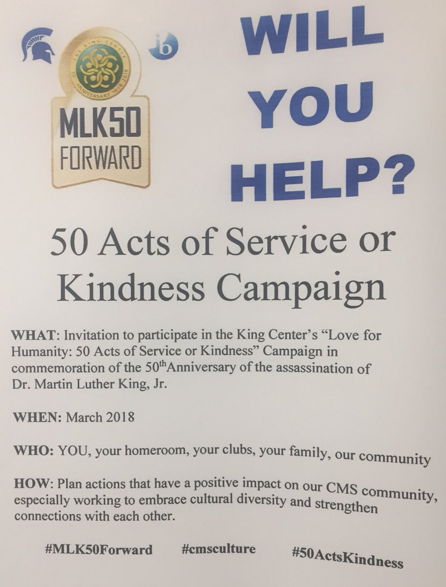 cmsspartans1's tweet photo. Campbell MS joins @TheKingCenter in #50ActsKindness. Share how you strengthen our diverse community at https://t.co/hLFEuIiG20 https://t.co/2wz5xRAESi