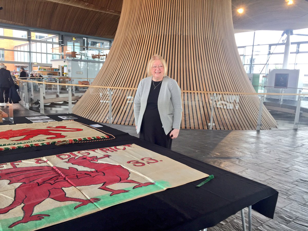 CuratorElen's tweet photo. One of those memorable days at the office. We had a fantastic time sharing and discussing our #suffrage collection at the Senedd today. What a setting to reunite the two Cardiff banners! #StillMarching #IWD #emotionalobjects #MakingHistory https://t.co/mHEk9JDcFn