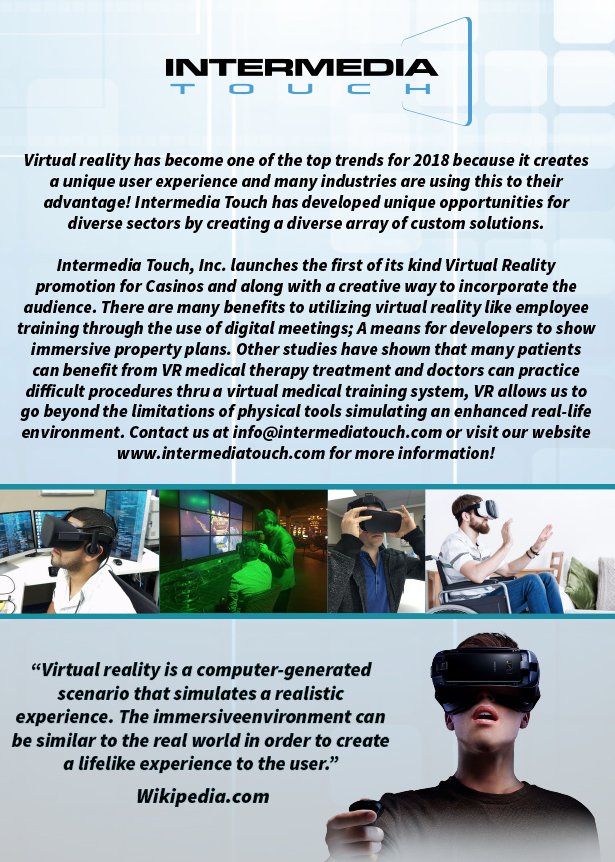 intermediatouch's tweet photo. Virtual Reality has become a significant solution to create meaningful experiences for your customers! Contact us at info@intermediatouch.com or visit our website https://t.co/sn0t3Drw7X for more information! #IntermediaTouch #TapIntoSomethingBig #SmartSolutions #VirtualReality https://t.co/96TGDApLUm