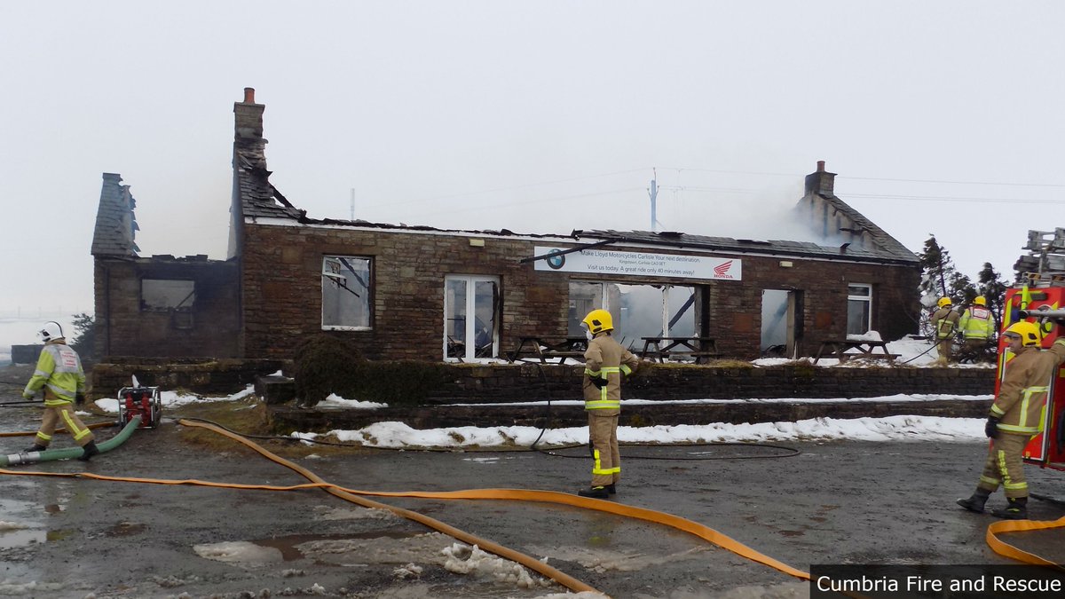 BBC_Cumbria's tweet photo. The roof of the well-known Hartside Cafe on the A686 has collapsed following a serious fire this afternoon. No one was hurt. An investigation is due to continue tomorrow. https://t.co/syDxwmYGuV
